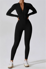 Half zip integrated long yoga jumpsuit solid color sexy long sleeved integrated sportswear for women
