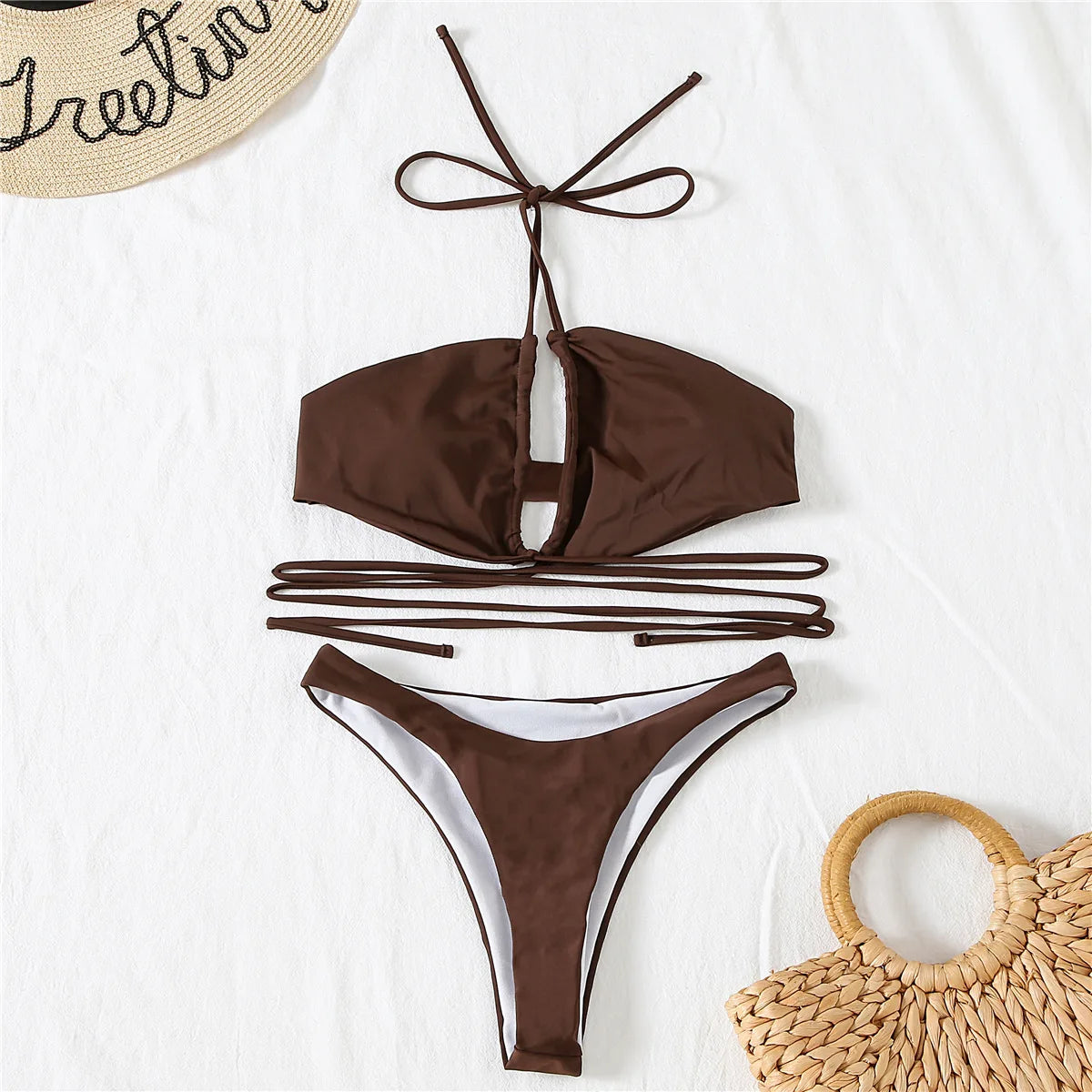 Solid Color Bikini Sexy Hollow Out Bandage Cross Thong Swimwear Women Halter Backless Bathing Suit High Waist Swimsuit 2026 New