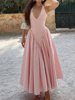 Elegant V-Neck Pleated Long Dresses Women High Waist Summer 2025 French Style Fashion V-neck Backless Lace-up Vacation Vestidos
