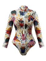 S - XXL New One Piece Swimsuit Women Swimwear Female Padded Bather Bathing Suit Swim With Pants Zipper Printed Long Sleeve K8113