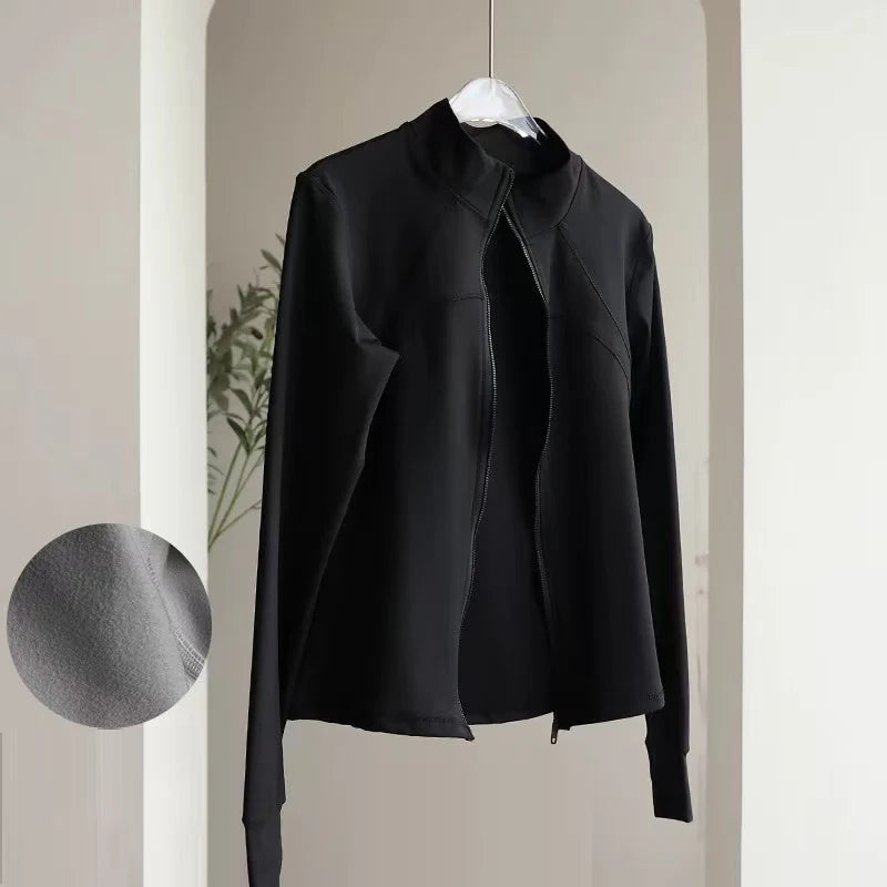 Women's High-End Velvet Yoga Jacket Stand Collar Long Sleeve Fitness Running Training Top for Autumn Winter Sports