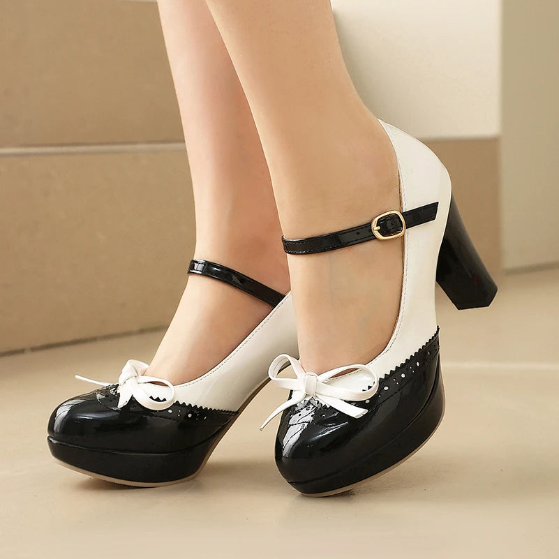 Plus Size Crossed Thin Ribbon Bow Shallow High-Heeled Shoes Patent Leather Splicing White PU Sweet Lolita Style Pumps