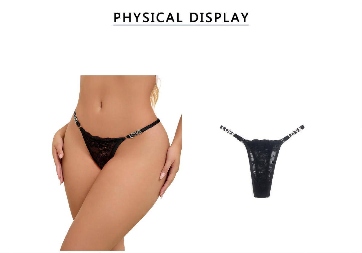 Black Lace Panty for Women Rhinestone Letter Decor Cotton Lined Thong Underwear Sexy Plus Size