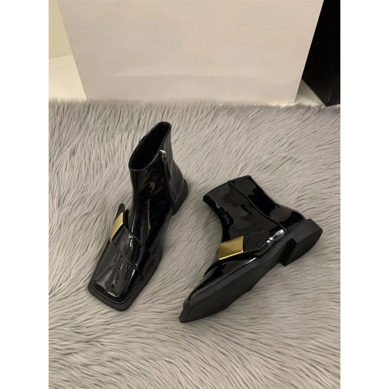 Designer Vintage Women Ankle Boots Fashion Square Toe Shoes Spring Autumn Flats Ladies Short Booties 2025