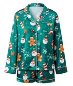 Women Satin 2 Piece Christmas Pajama Set Printed Long Sleeve Button-up Tops and Elastic Waist Shorts Summer Fall Sleepwear