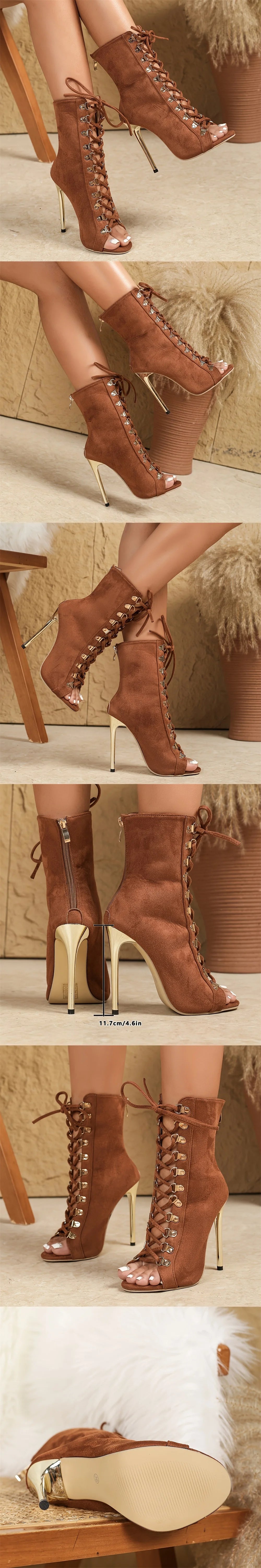 Big Size 42 Sexy Cross-tied Jazzi Summer Boots Women Elegant Brown Zip-up Thin High Heels Summer Ankle Boots Stiletto Shoes