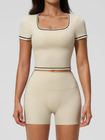Speed Drying Tight Yoga Sets Women Color Contrast Short Sleeve Slim Sports Top High Waist Leggings Running Fitness Athletic Wear
