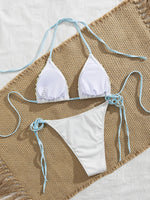 Sexy 3D Floral Bikini Set 2025 Women White Pink Contrast Push Up Bra Tie Side Thong Swimsuit Beach Bathing Suit Micro Swimwear