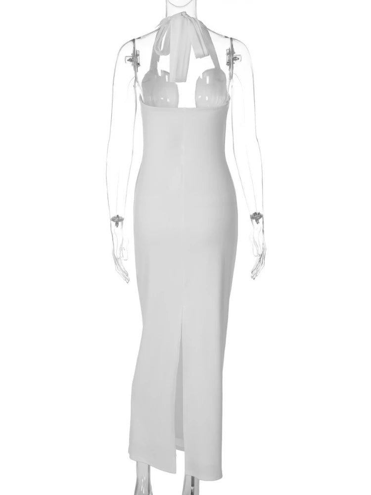 FDYOUI Elegant Chic Halter Hollow Out Bodycon Evening Dress for Women 2026 Summer Backless Sleeveless Long Wedding Party Dresses