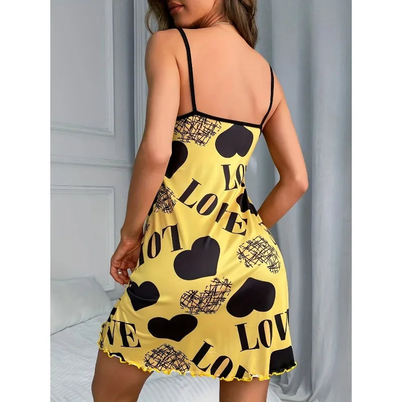 Women Summer Camisole Nightgown Backless Heart LOVE Print Soft Breathable Sleepwear Ruffle Hem Round Neck Night Dress