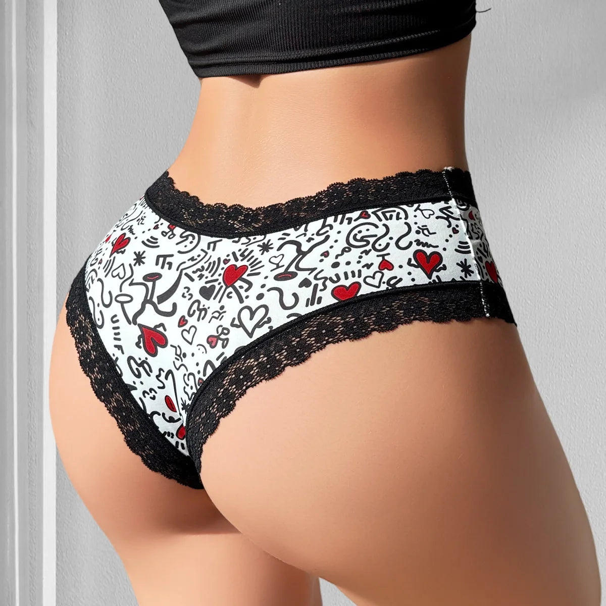 1pcs Low Waist Print Decor Sexy Lace Women's Panties Patchwork Elegant Sexy Lingerie Breathable Comfortable Fashion Lady Briefs