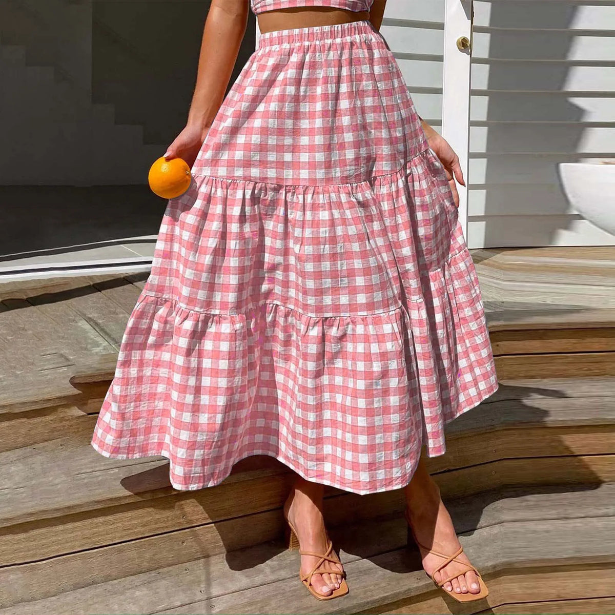 2026 Summer Vintage Checkered Maxi Skirt Women High Waisted Elastic Plaid Ruffle Long Skirts Retro Sweet Cake ALine Skirts