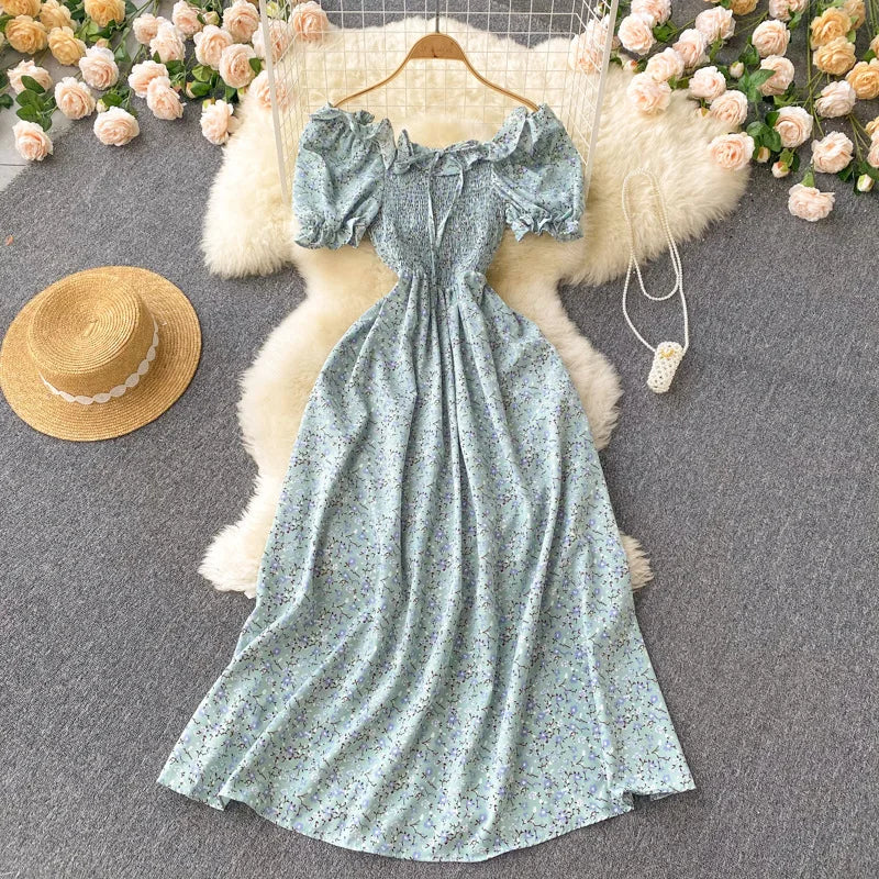 2025 Summer French Vintage Floral Dress Fashion Elegant High-Waisted Drawstring Vestidos Printed Fresh And Sweet Long Dresses
