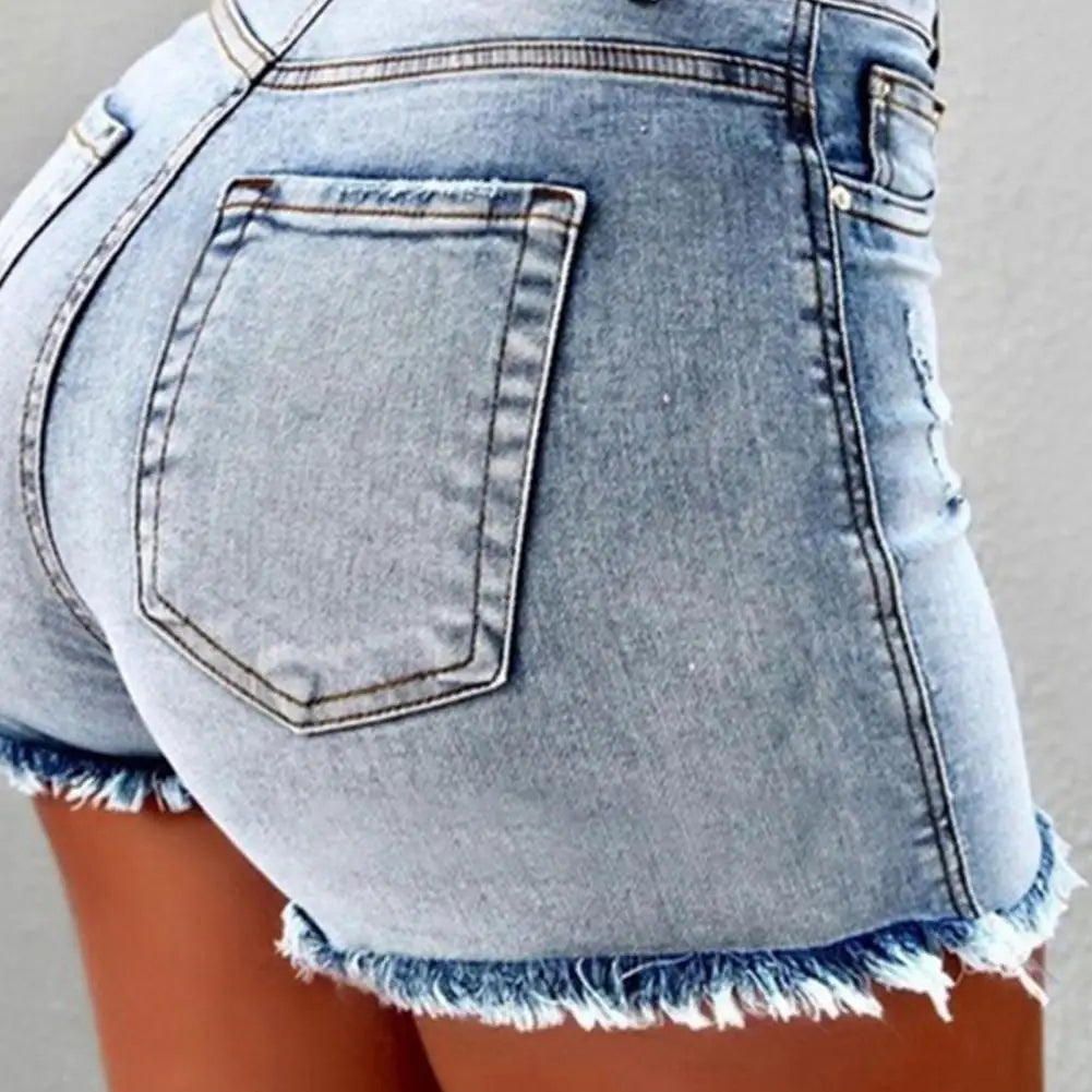 Summer Women Shorts High Waist Washed Retro Distressed Ripped Edge Butt-lifted Slim Fit Pockets Casual Club Party Short Pants