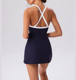 Color Contrast Tennis Dresses Women Beautiful Back Hollow Back Cross Split Skirt Pocket Sports Fitness One-piece Yoga Golf Suit