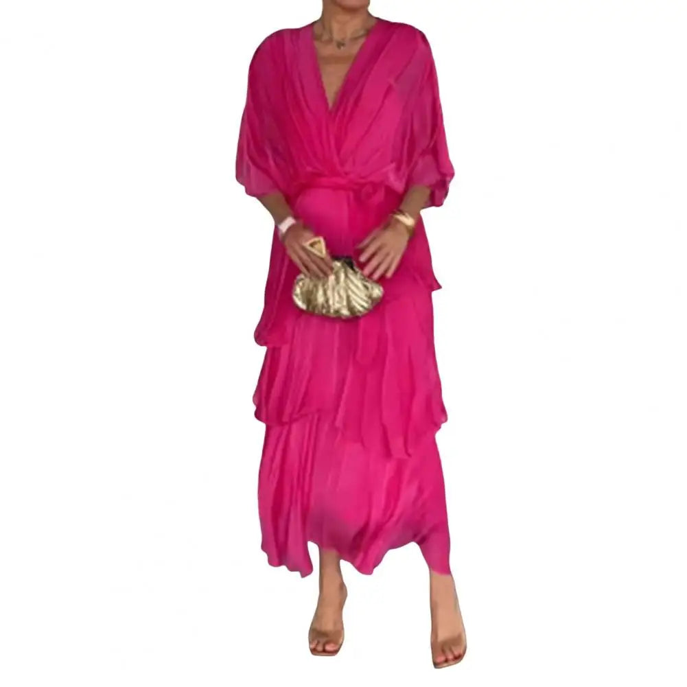 Women's Flowy Chiffon Wedding Guest Dress Ruffle Half Sleeve Empire Waist Ruched Wrap Dress V Neck Tiered Swing Dresses