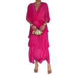 Women's Flowy Chiffon Wedding Guest Dress Ruffle Half Sleeve Empire Waist Ruched Wrap Dress V Neck Tiered Swing Dresses