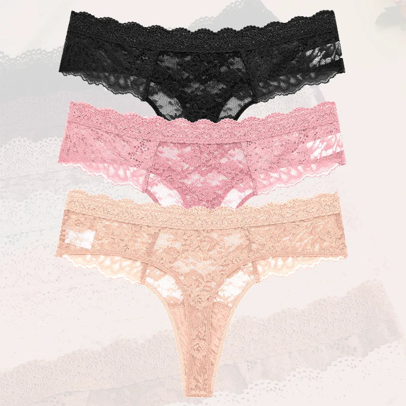 3Pcs Lace Sexy Thongs Women Low-Rise Briefs Sexy Soft Ladies Underwear Trendy Floral Underpants Female Flowery Panty Lingerie