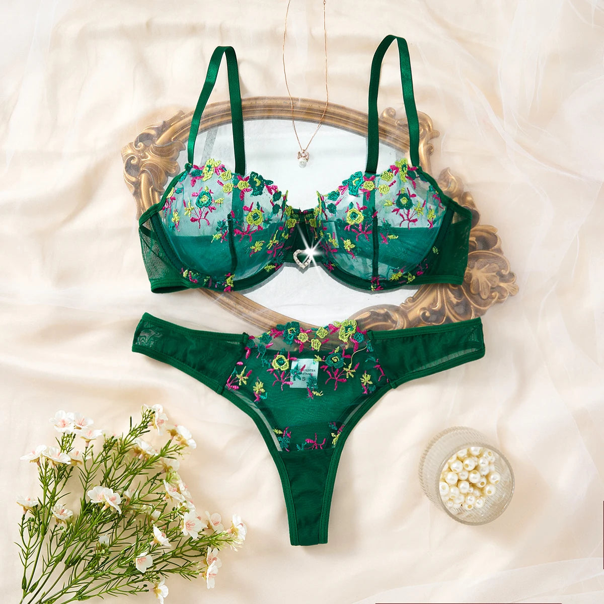 Green Floral Embroidery Lingerie Set Women Sheer Mesh Push Up Bra And Thong 2 Piece Sexy Transparent Lace Underwear ZA824026