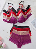 4-Piece Women's Floral Lace Lingerie Set Sexy Underwire Push-Up Bra Breathable Hollow Out Fashion Intimates