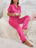Silk 2Pcs Pyjama Set For Women Short-Sleeve With Pockets And Long Pants Soft Smooth Touch Luxurious Ladies' Sleepware Nightshirt