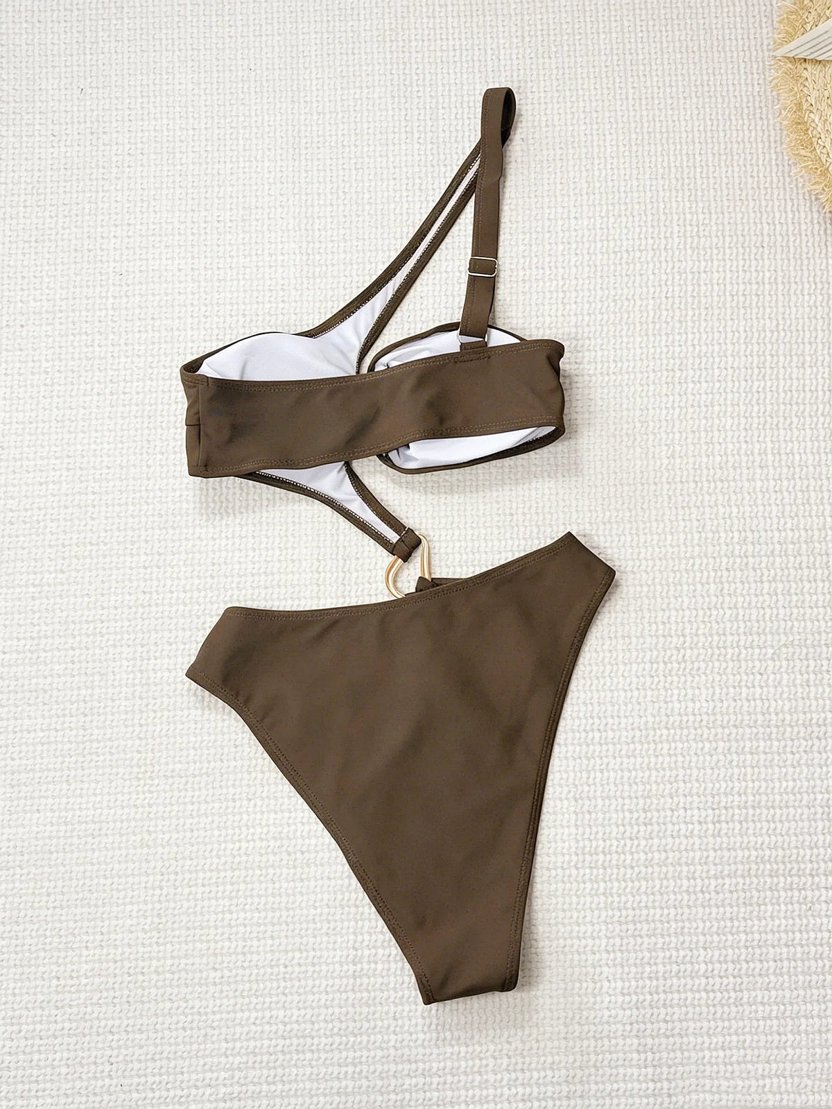 Sexy One Shoulder Swimwear Women Coffee Metal Buckle Hollow Out Backless Thong Bikini Summer Bathing Suit One Piece Swimsuit