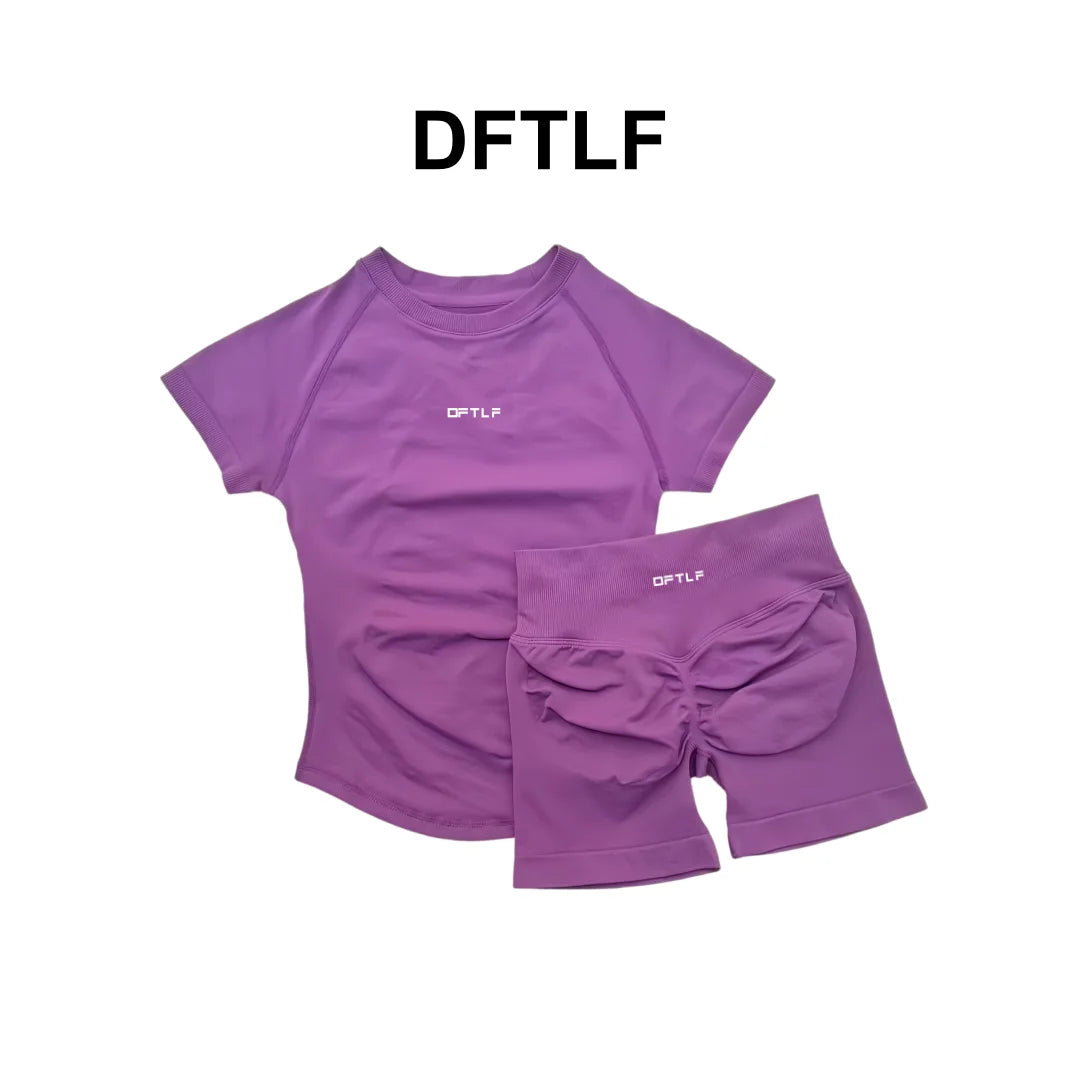 DFTLFWomen 2PCS Seamless Yoga Suit Short Sleeve Top High Waist Shorts Quick Dry Breathable Gym Fitness Running Workout Sport