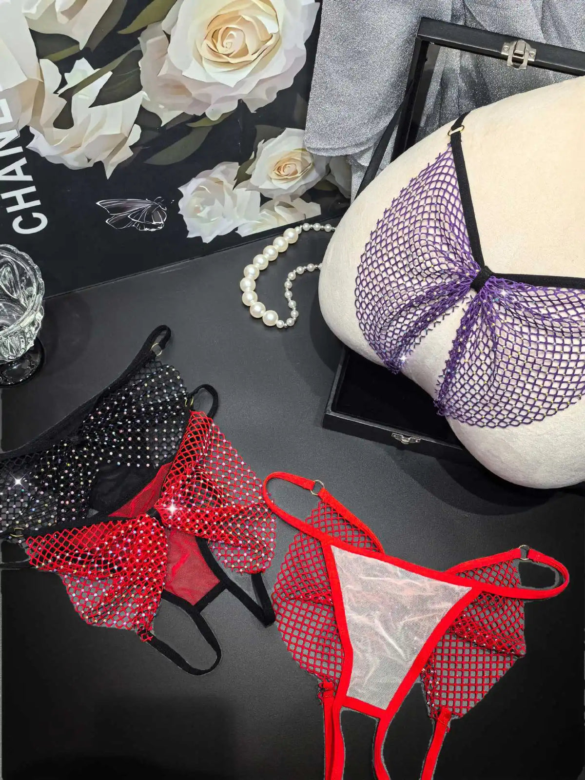 Rhinestone Sex Underwear Fishnet Crotchless Open T Pants Couple Panties Lace Women G String Hot Erotic Briefs Thong Intimates