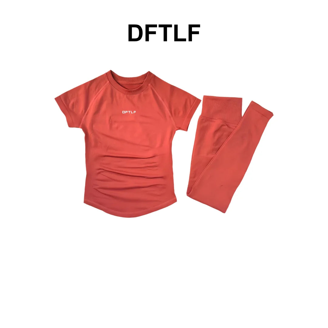 DFTLF 2 Pieces Women Yoga Set Slim Short Sleeve Top High Waist Leggings Seamless Workout Gym Fitness Quick Dry Sportswear Suit