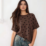 Women Dots Print T-shirs Crew Neck Short Sleeve Summer Loose Vintage Tops for Casual Daily