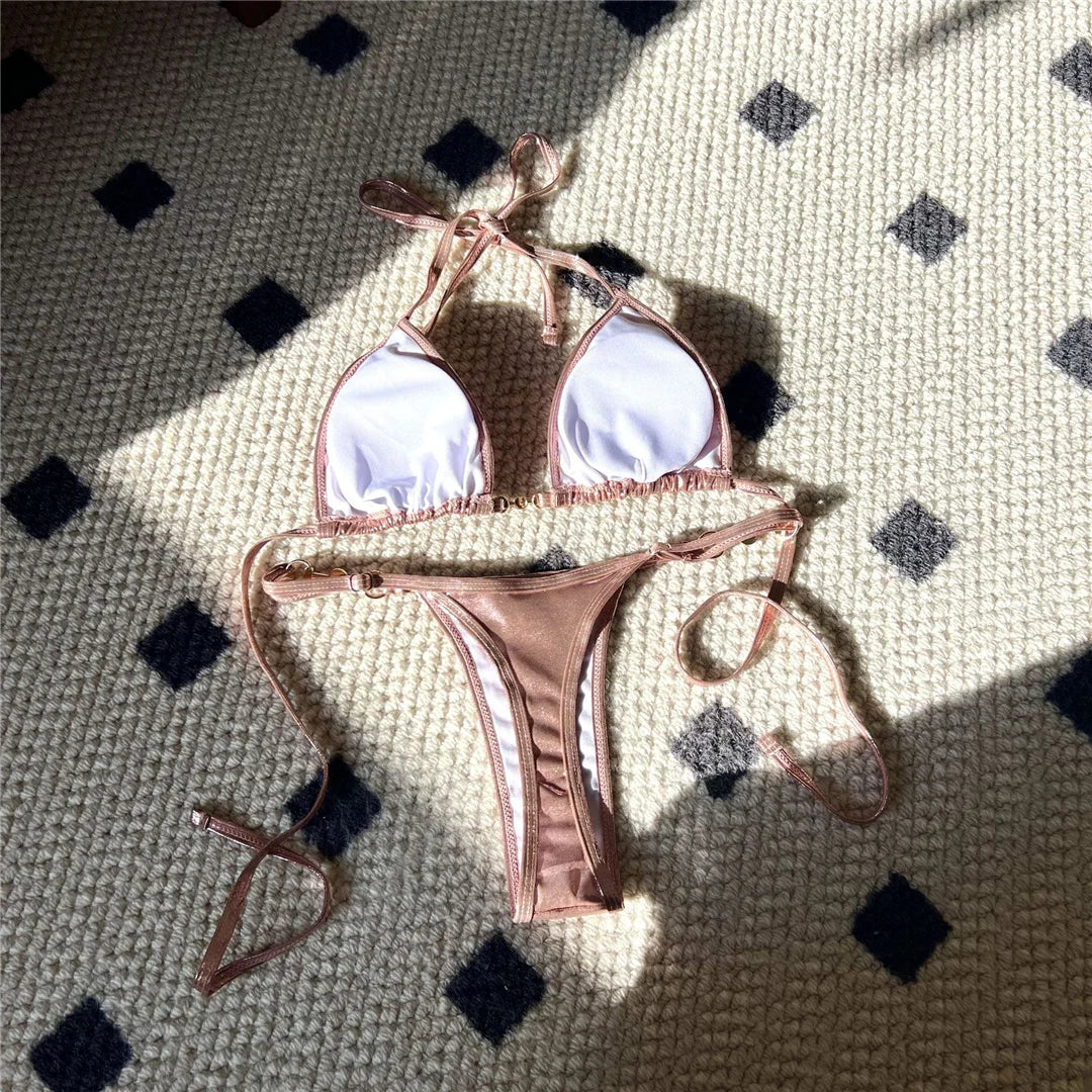 PU Faux Leather Halter Mini Thong Bikini Women Swimwear Female SwimsuitTwo-Pieces Bikini Set Bather Bathing Suit Swim V5206W