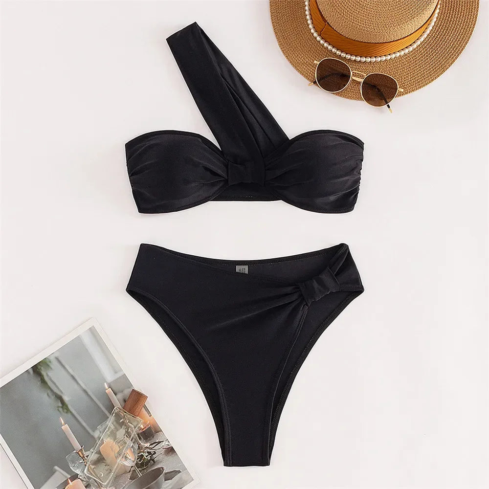 Brown One Shoulder Bikini High Waist Sexy Swimsuit Women 2026 Solid Swimwears Bathing Suit Bandeau Bikinis Sets De Mujer Biquini