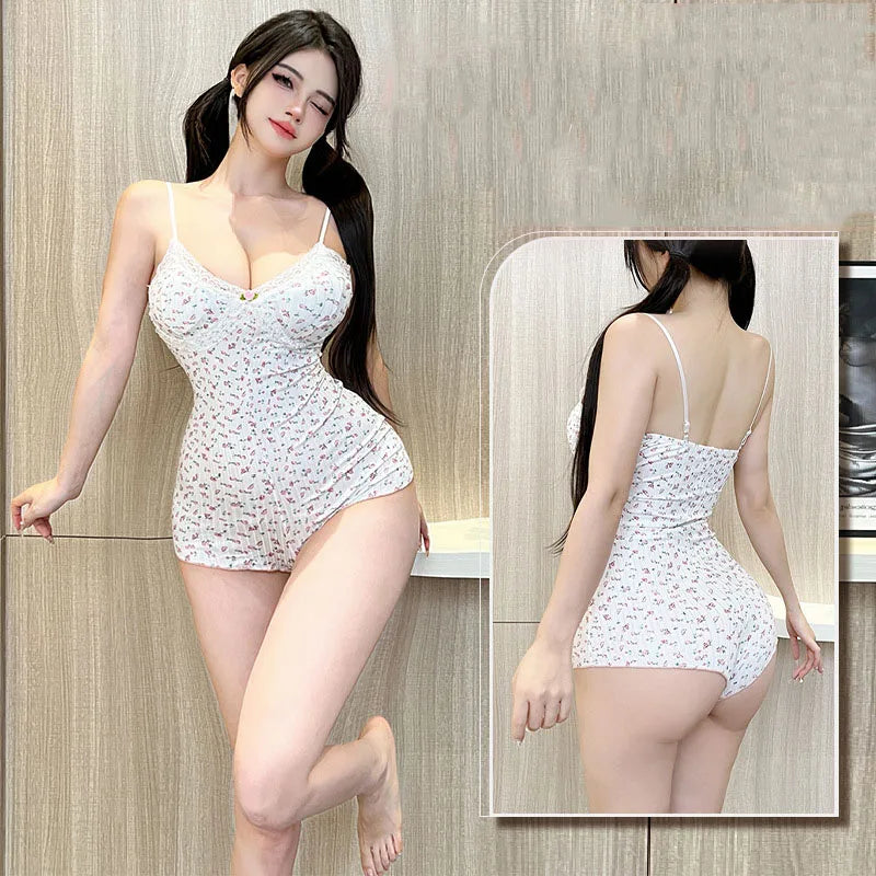 Women SexyFloral Print Bodysuit Lace Trim Sleeveless Slim Fit Leotard Summer Jumpsuit Romper Sexy Underwear Nightwear Lingerie