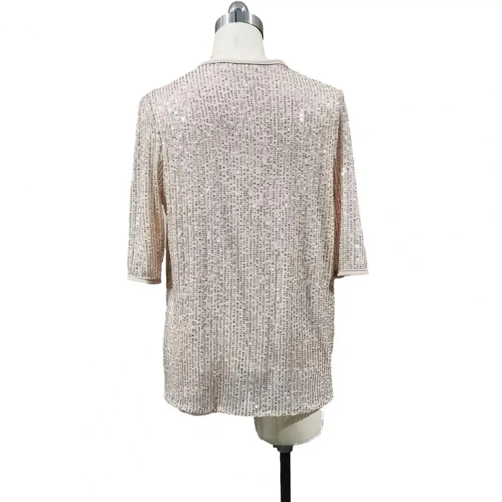 Shiny Sequins Tee Shirt Women T-shirt V-Neck Short Sleeve Loose Fit Summer Sexy Tops Holidays Parties Wear
