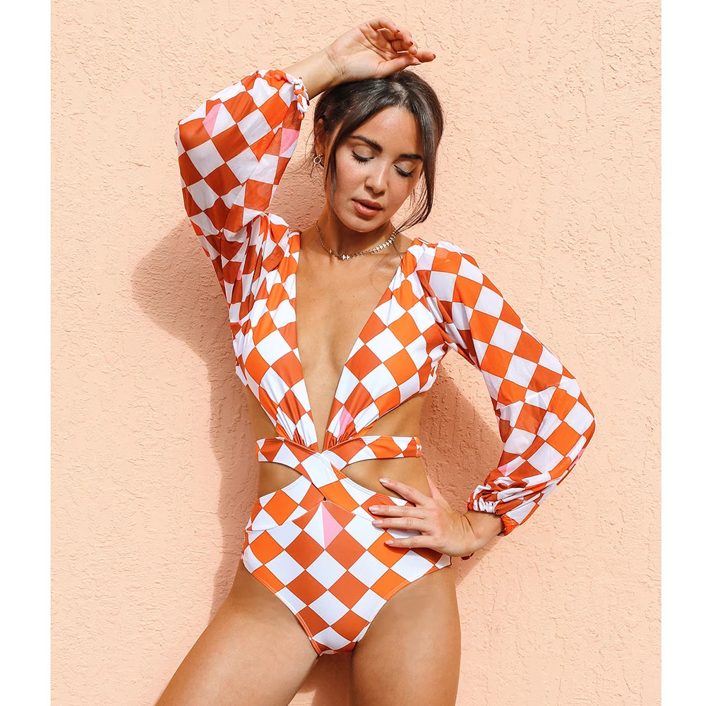One Piece Swimsuit Sexy Long Sleeve Tropical Print Swimwear Women Bandage Monokini Hollow Out Bathing Suit String Beachwear 2023