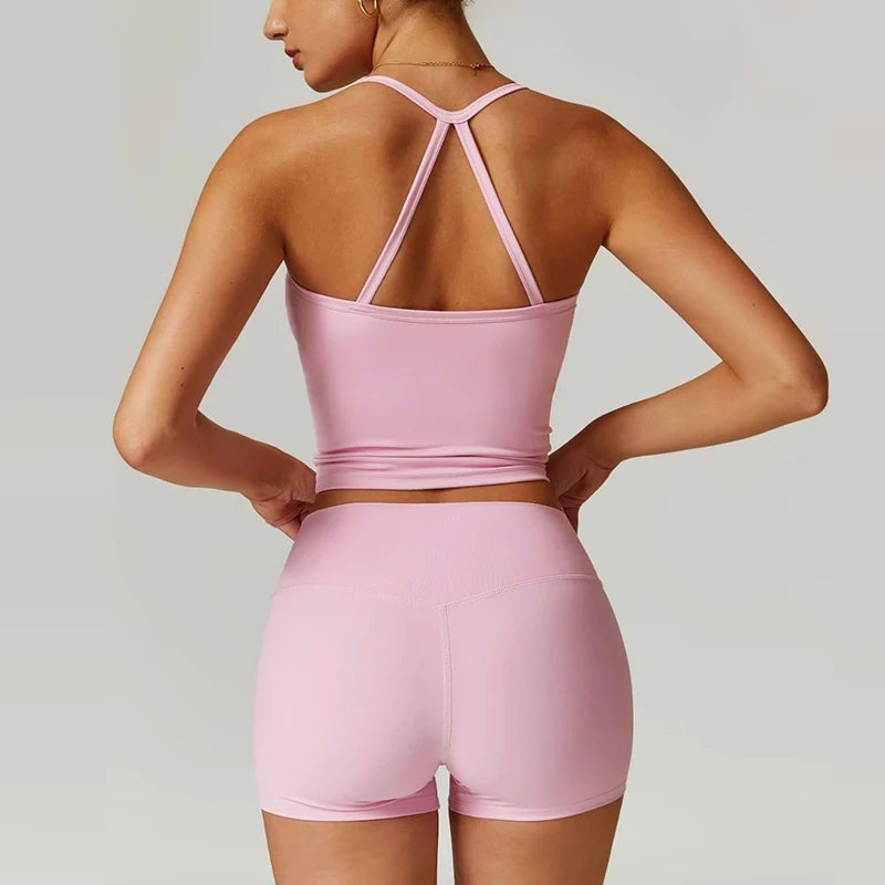 Women's Slim Shoulder Yoga Vest High Waisted Waist Hugging Naked Yoga Three Part Shorts Exercise Set Popular Fitness Clothing