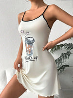 New Womens Summer Cute Coffee Letter Print Sleep Dress Spaghetti Strap Mini Cami Nightgown Lettuce Hem Contrast Trim Loungewear