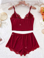 Women Sleepwear 2pcs Floral Contrast Lace Pajama Set V Neck Solid Color Bow Top & Shorts Suit Home Clothes Loungewear