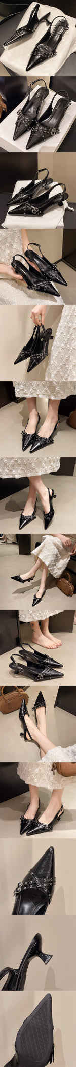 2026 Size 42 Vintage y2k Flowers Black Pointy Toe Slingback Pumps Cross-strap Summer 5cm Kitten Heels White Lady Shoes Women