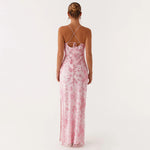 Women Summer Glitter Sequin Beaded Flower Cami Dress Slim High Split Spaghetti Strap Open Back Long Dresses for Party Club