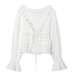 Women's Fashion Embroidered Tulle Blouse White Lace Ruffle Trim Tie Front Blouse Sleeve V Neck Casual For Women Daily Wear F4FI
