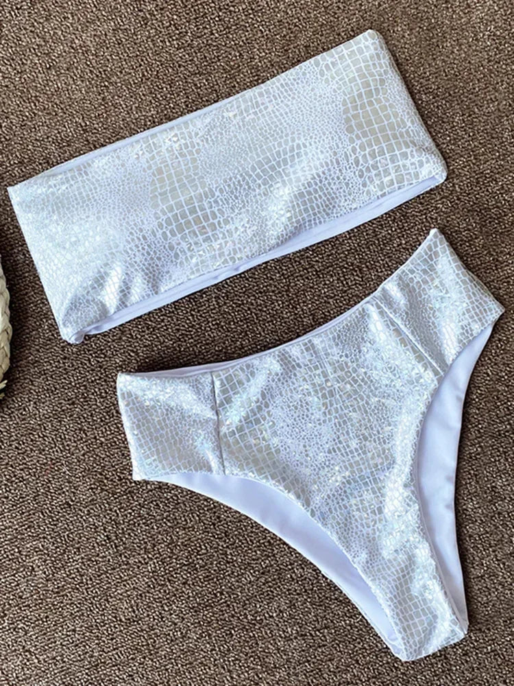 Snake Printed Female Bandeau Swimsuit High Waist Bikini 2025 Women Swimwear Bikini Set Wave Striped Bathing Suit Swim Beachwear