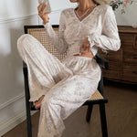 Spring slim Pajamas Homewear Set Flower Print Long-Sleeve tops and long pants sexy V-Neck Two-piece Pj Sets sleepwear Lounge
