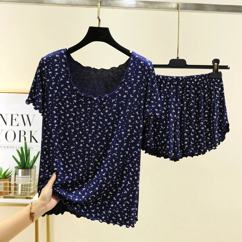 Chic Modal Floral Print 2Pcs Set Soft And Breathable Short-Sleeve Top And Shorts Loose Relaxed Fit Women's Sleepwear Homewear