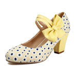 Plus Size 33-48 Sweet Polka Dot Mary Jane Heels Shoes Women Pink Blue Side Bow Tie Round Toe Chunky Block Heel Cute Lolita Pumps