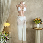 Sexy Black Mesh Long Skirt 3 Piece Bikini Set Women White Metal Ring Linked Push Up Bra Swimsuit Holiday Bathing Suits Swimwear