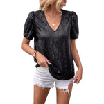 Shiny Sequins Tee Shirt Women T-shirt V-Neck Short Sleeve Loose Fit Summer Sexy Tops Holidays Parties Wear