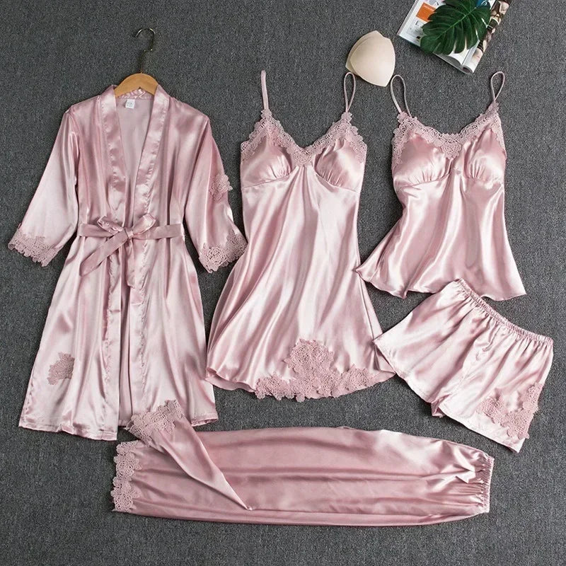5-piece Set of Women's Sleepwear Sexy Silk Nightgown Lace Satin Nightgown V-neck Vest Breathable Comfortable Women's Nightgown