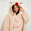 Women Winter Festival Vibe Hooded Flannel Nightgown, Loose Fleece Sleep Dress with 3D Deer Antlers Elk Design Home Loungewear