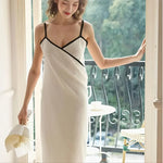 Women Gauze Bath Dress 1pc Black White Contrast Camisole Bathrobe, Soft Absorbent Wearable Bath Towel for Shower Spa Home